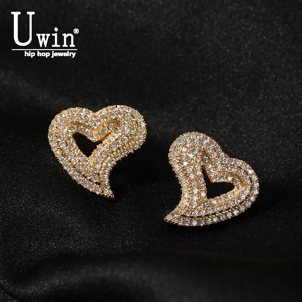 Uwin Heart Earrings Openwork Full Iced Out Minimalist Bolt Hollow Out Bling Micro Paved Cubic Zircon Fashion Jewelry Gift