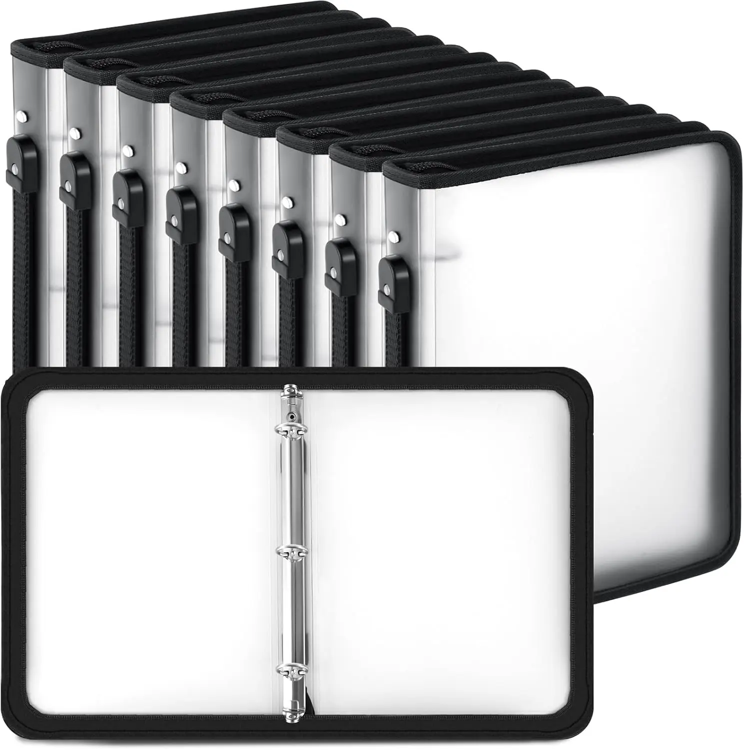 

8-Piece Plastic Zipper Binder Set with 3-Ring Design, Refillable File Organizer for Projects, Assignments, and School Work