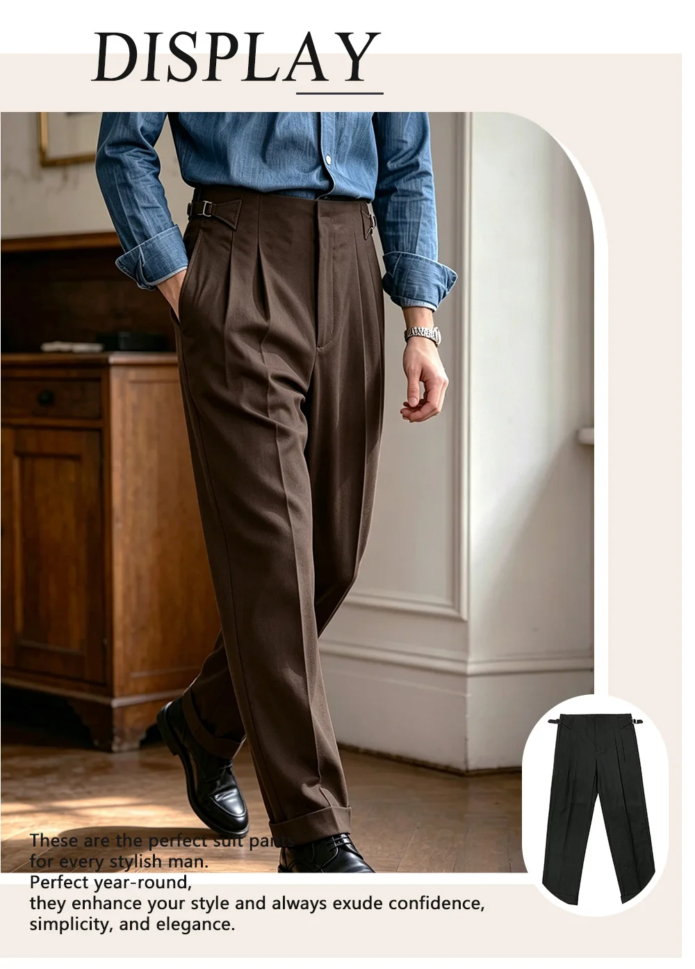 2026 Herbst-Winter Herrenanzughose im Neapolitan-Stil, Knopfleiste, hohe Taille, weites Bein, leichte Business-Formalhose für den Alltag – Detail 1