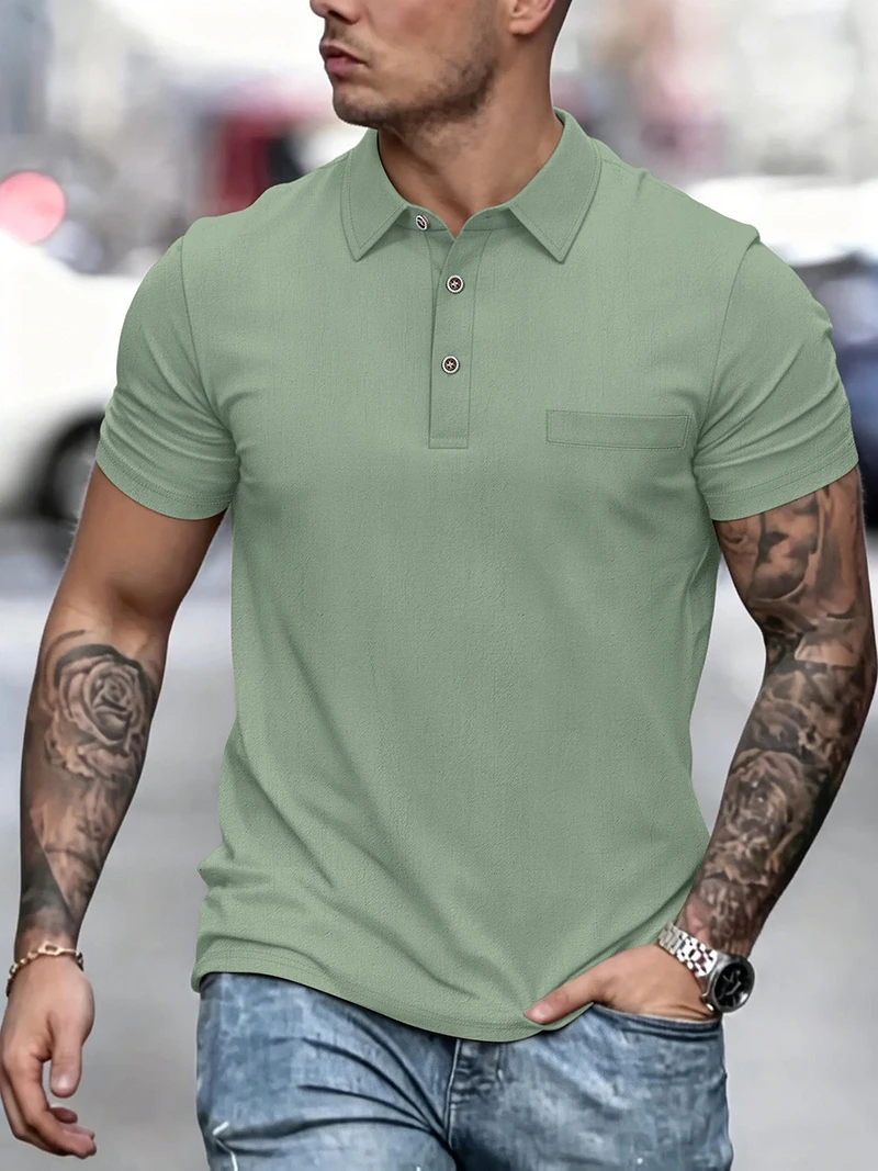 

Men's Linen Blend Short Sleeve Polo Shirt Button Placket Chest Patch Breathable Casual Golf Business Work Daily Tops for Men