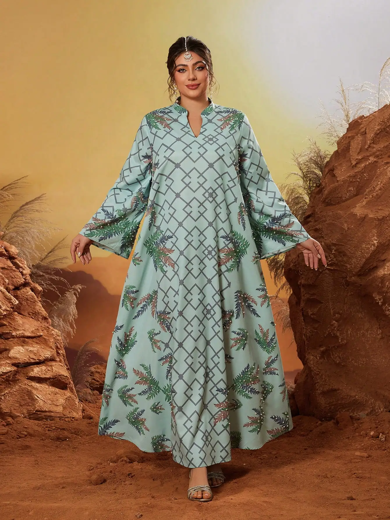 ラインストーンとビーズプリントが施された、新しいエレガントなスタンドカラーのブルカ、長袖の緑色の中東風ガウン