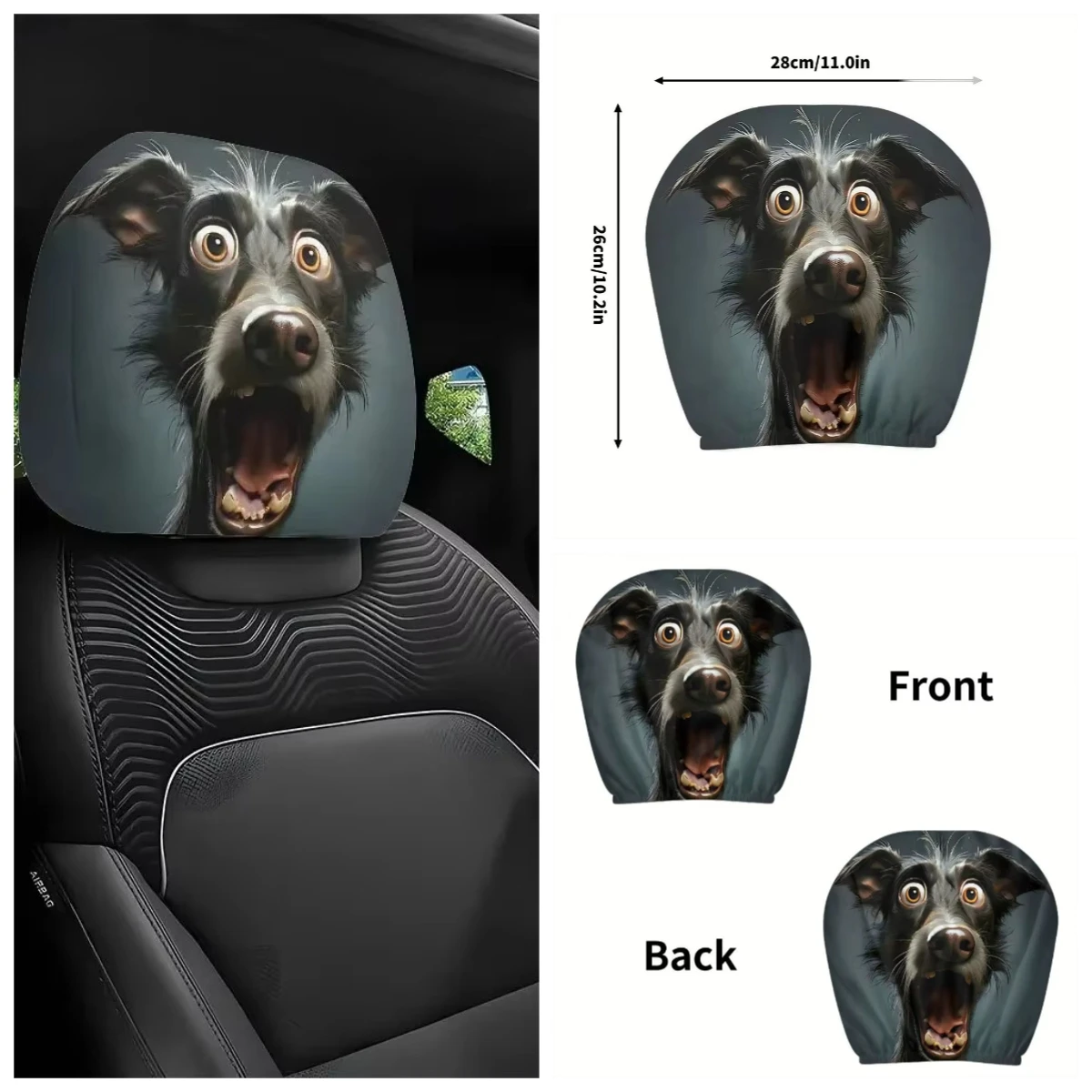 Surprising and interesting dog pattern breathable car headrest cover two-piece set, washable car interior accessory gift
