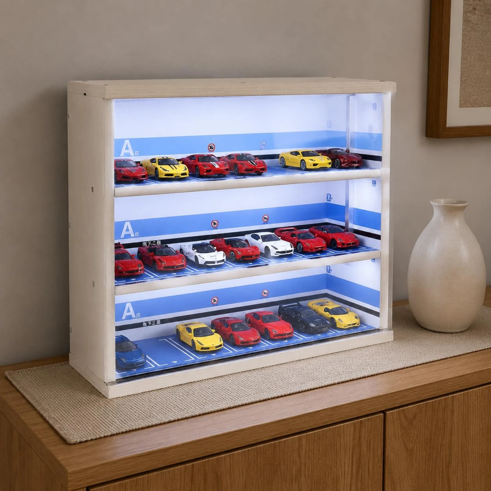 Model Car Display Case Three-Tier Parking Display Cabinet Model Parking Cabinet Illuminated Mini Car Showcase Clear Front Cover
