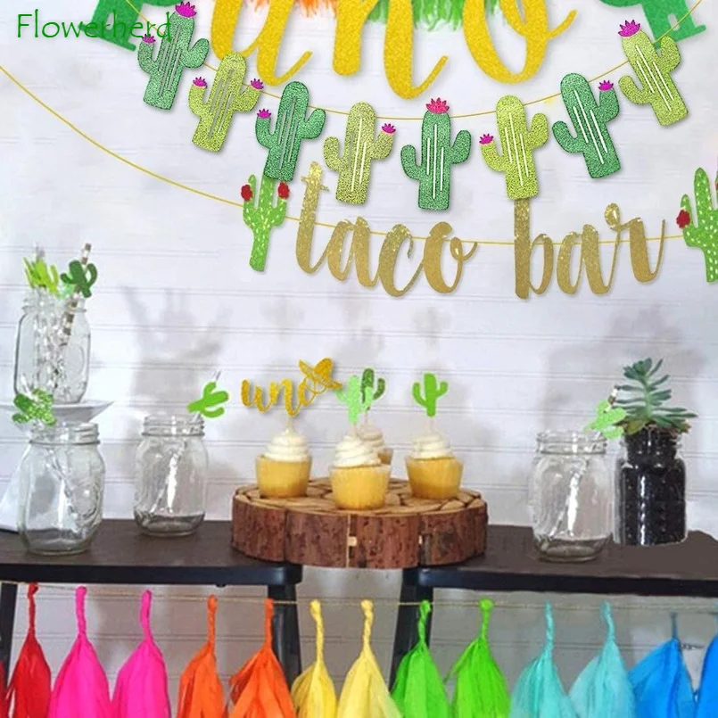 2 Set Fiesta Taco Bar Cactus Banner Garland Gold Green Glittery Fiesta Banner for Mexican Fiesta Party Cinco De Mayo Decorations