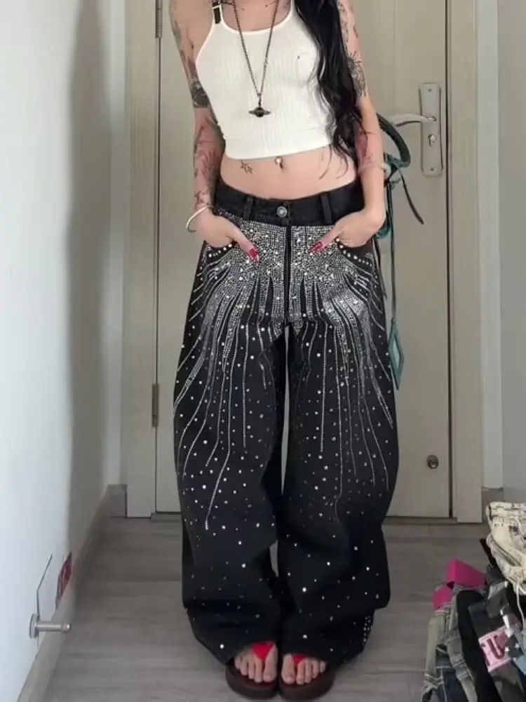 Stage Dancing Rhinestone Print Washed Black Baggy Jeans Mens and Women Ropa Hombre Streetwear Solid Casual Denim Trousers Cargos