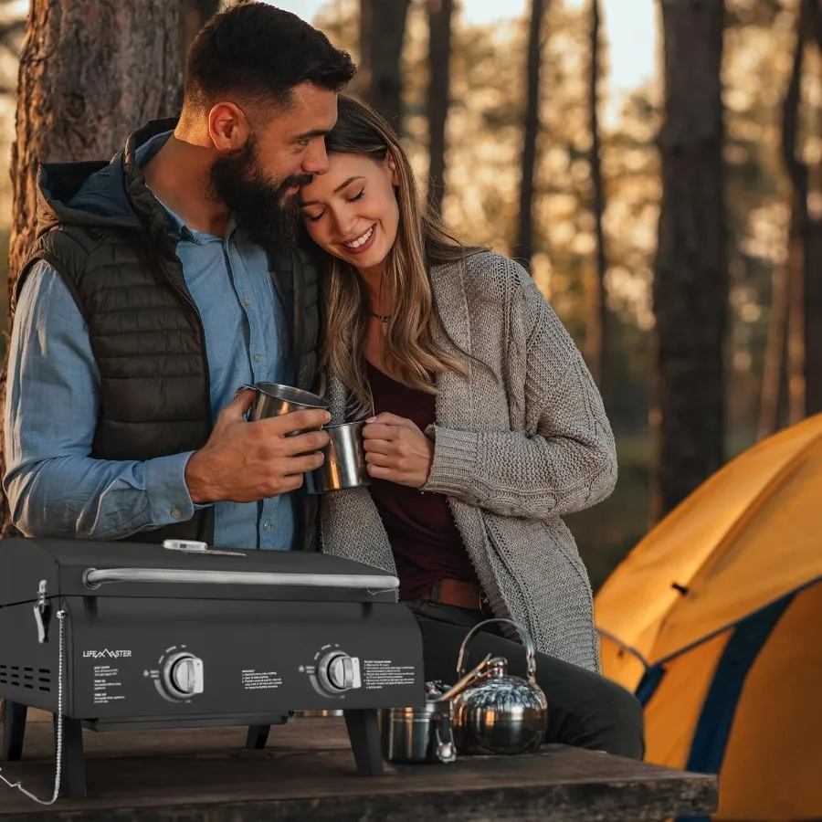 شواية غاز محمولة سوداء مزدوجة 10000 وحدة حرارية بريطانية 275 مربع في مساحة الطبخ، غطاء إشعال مقاوم للرياح مع حرارية مدمجة #6