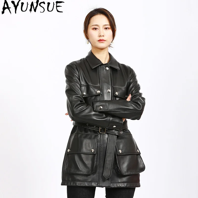 AYUNSUE Genuine Leather Jacket for Woman 2025 New in Coats Womens Leather Jackets Spring Autumn Clothes Belt Jaqueta De Couro