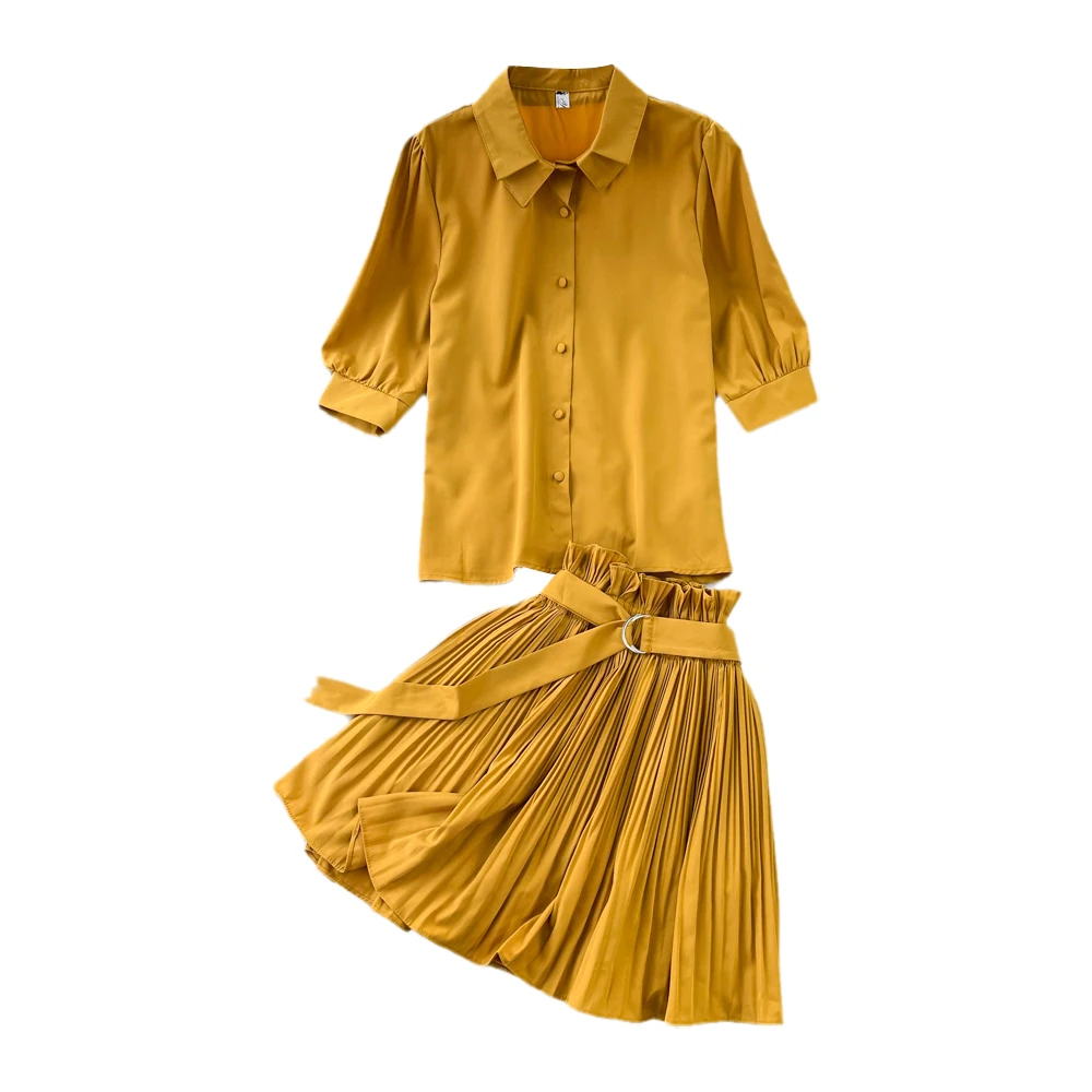 Chemise à manches trois quarts à boutonnage simple pour femmes, jupe plissée taille haute, col polo décontracté, ensemble coréen, mode, 2 pièces