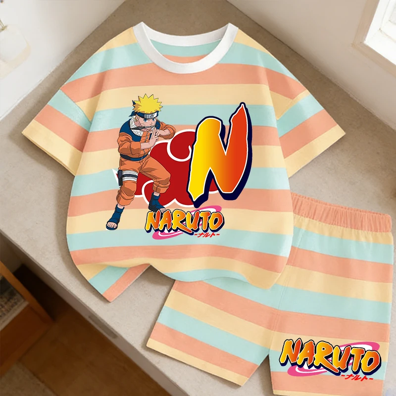 Naruto Boys Striped Short Sleeved Suit Children Short Sleeves Shorts Anime 26 Letter Print T Shirt Summer Tees Fashion Clothes