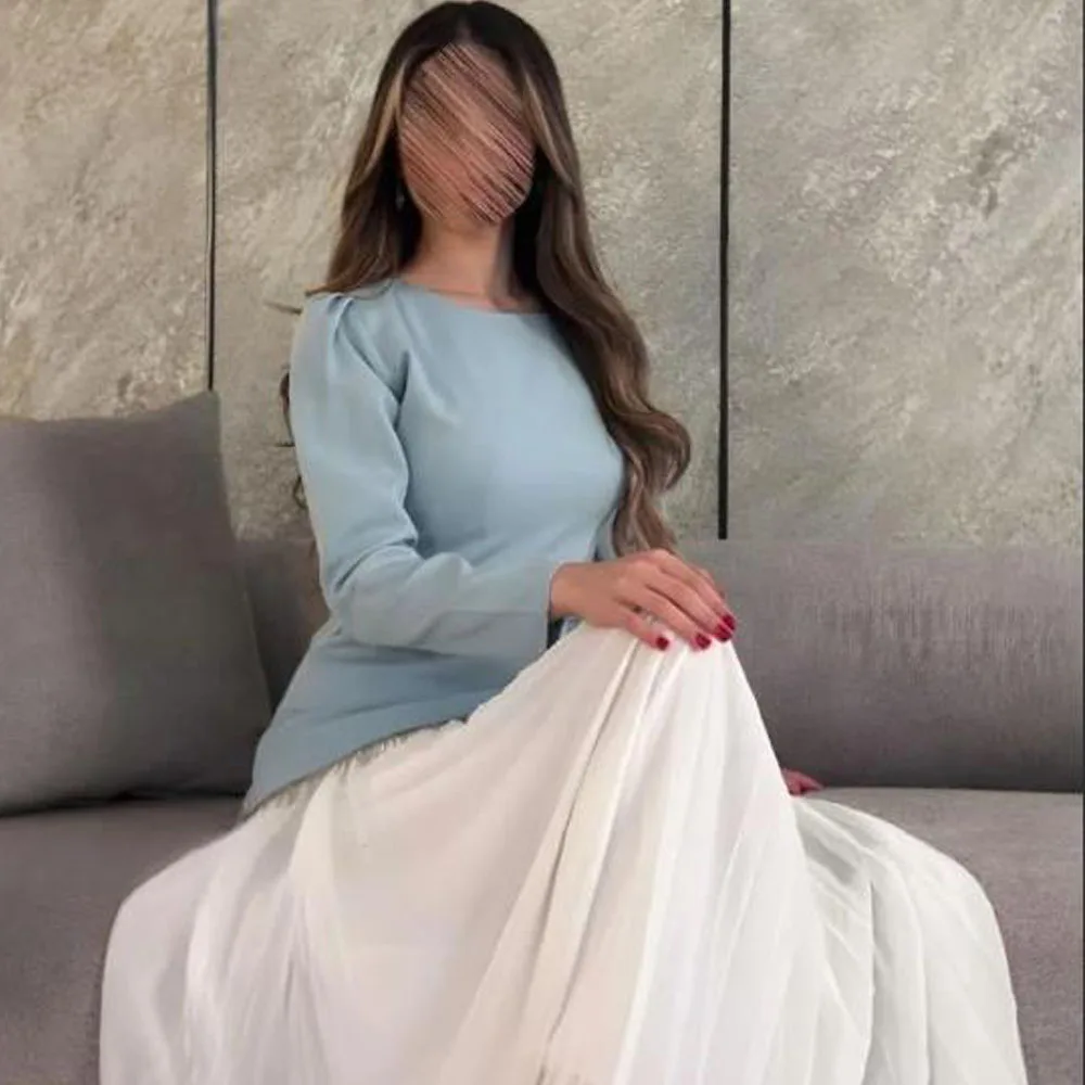 Customized Elegant Contrast Formal Prom Dress O Neck Long Sleeve Pleated Casual Dresses White Chiffon A Line Outfit with Flower