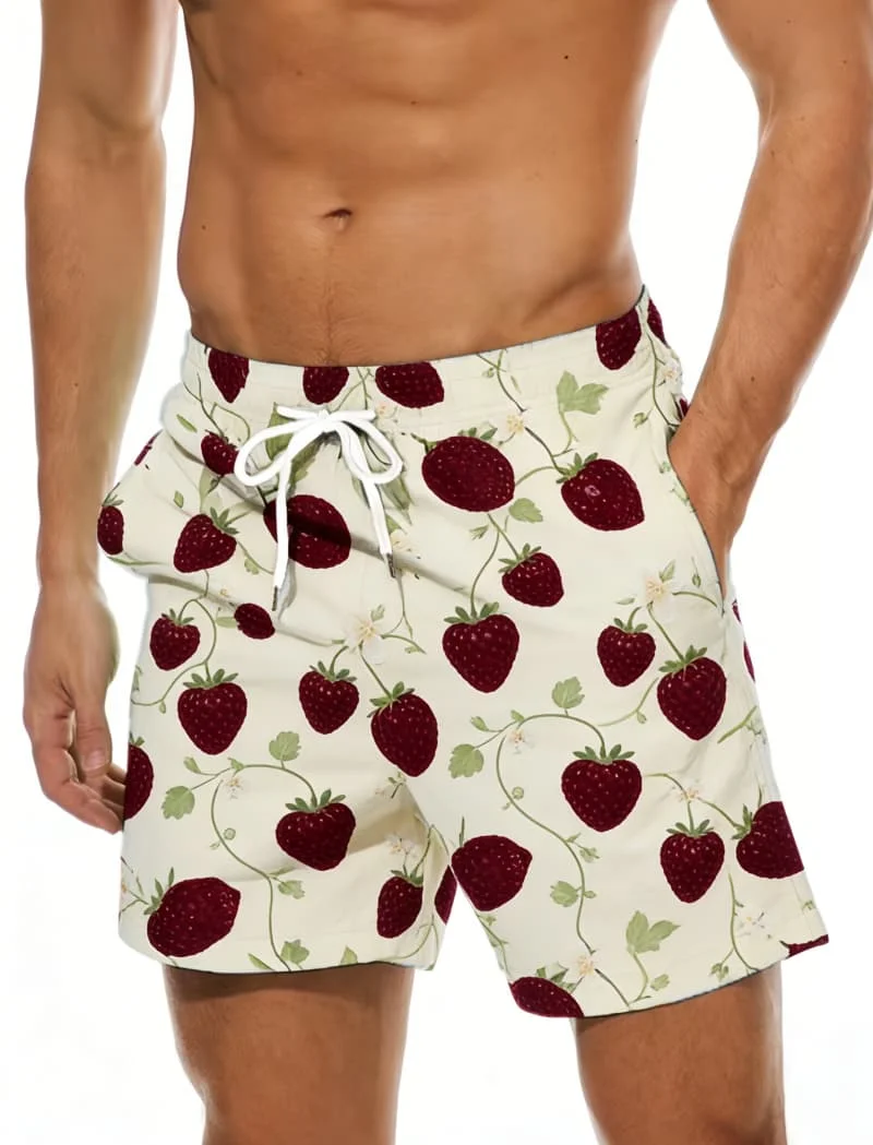 Men's Trendy Fruit Print Casual Shorts - Strawberry Watermelon Orange Blueberry Print Beach Shorts For Summer Vacation