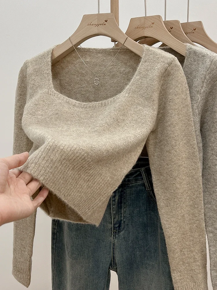 

Женский корейский однотонный модный повседневный пуловер с длинными рукавами, осень-зима 20%, женская одежда, вязаный свитер с квадратным воротником, топы