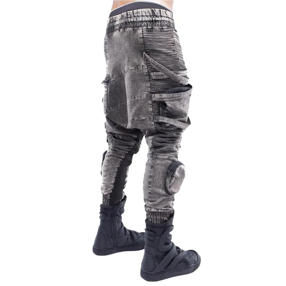 ABOORUN Men's Retro Heavy Irregular Ribbons Cargo Pants 3D Pockets Pencil Joggers Trousers for Male