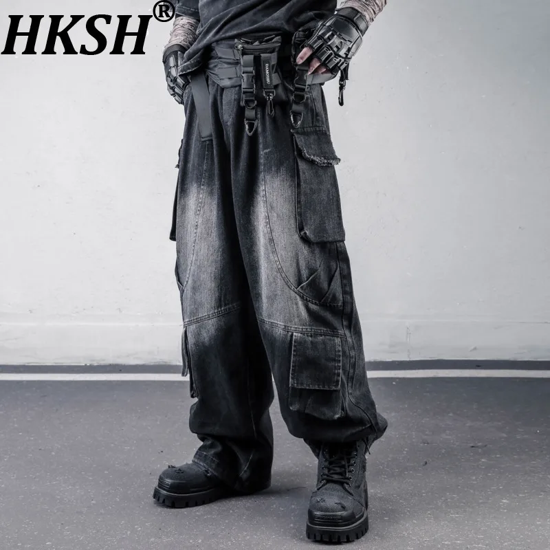 

HKSH Waste Land Washed Safari Style Pocket Jeans Spring Autumn New Men Tide Dark Drawstring Vintage Wide-Leg Denim Pants HK21585