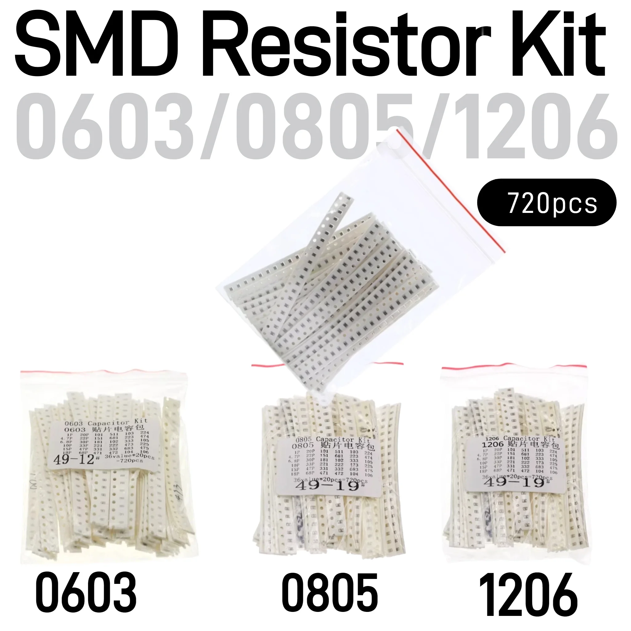 720PCS SMD Resistor Kit 0603 0805 1206 1% Resistance Assorted Kit 1 PF- 10UF Chip Resistors Kit