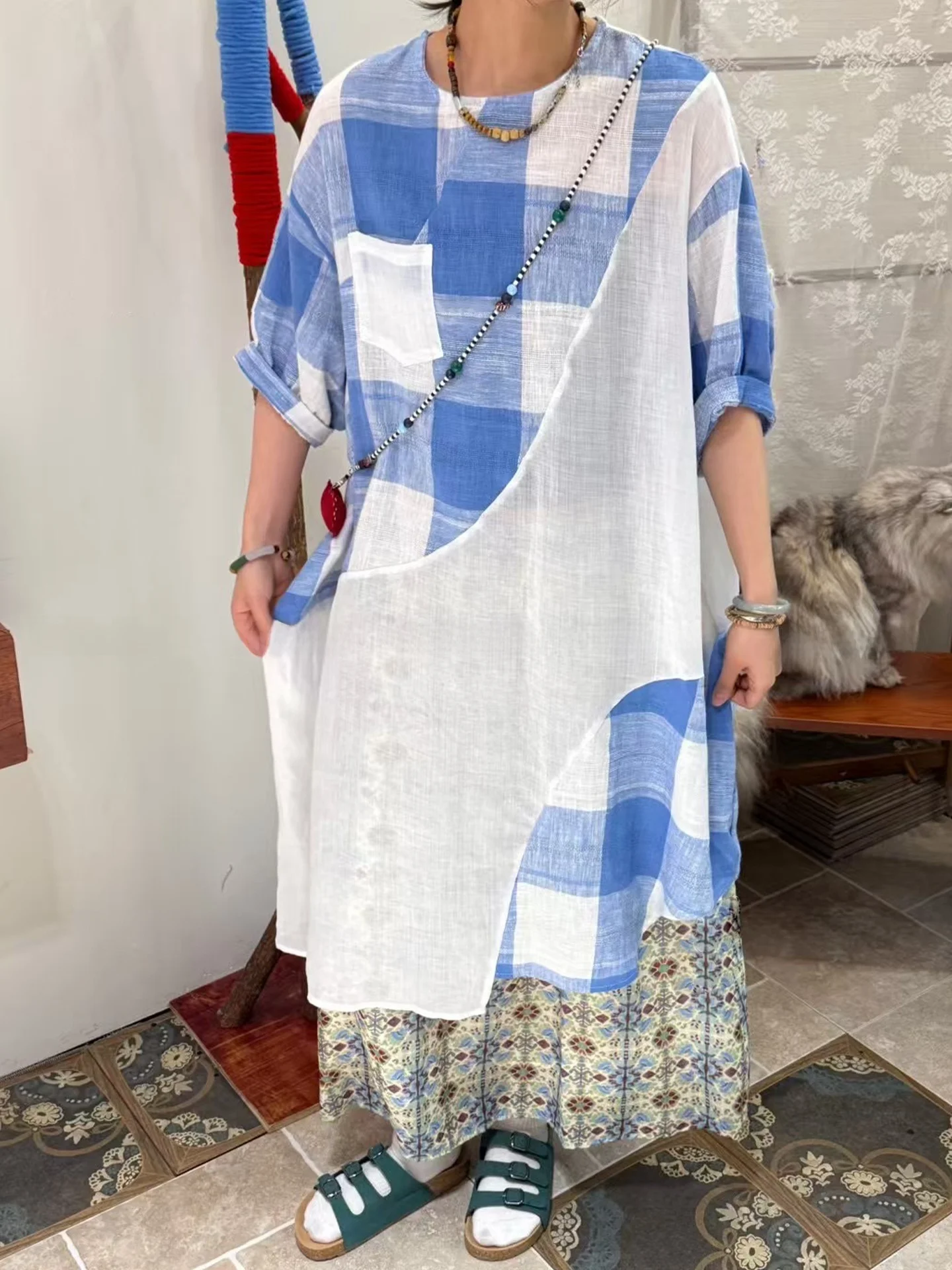 

Summer Vintage Blue Plaid Black White Splicing Dress plus Size Women's Clothing Midi Length Sleeve Regular Pattern