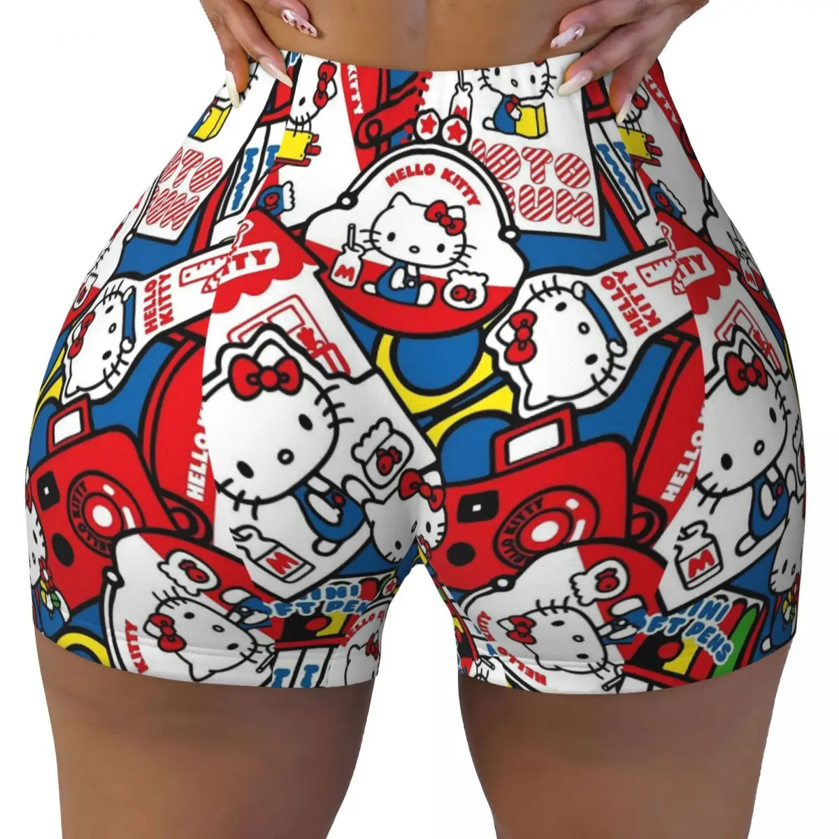 

Женские шорты для йоги с японским мультфильмом «Hello Kitty», милые шорты для тренировок, спортивные байкерские шорты для бега в тренажерном зале