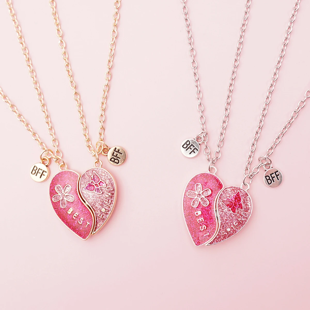 2 Pcs/Set Magnetism Best Friends Pendant Necklace for Women Cute Butterfly Flower Broken Heart Clavicle Chain BFF Best Friends