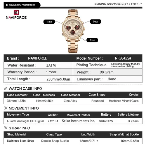 Imagen 2 del producto NAVIFORCE Dial cuarzo analógico LCD relojes digitales reloj de mujer diseño único de moda en forma de corazón Casual novia regalos reloj