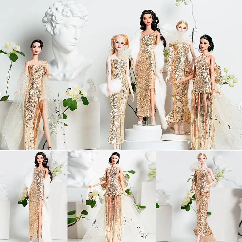 Novo conjunto de vestido dourado de renda europeia diy 6 estilos vestidos de casamento moda boneca roupas acessórios para boneca bjd de 30cm