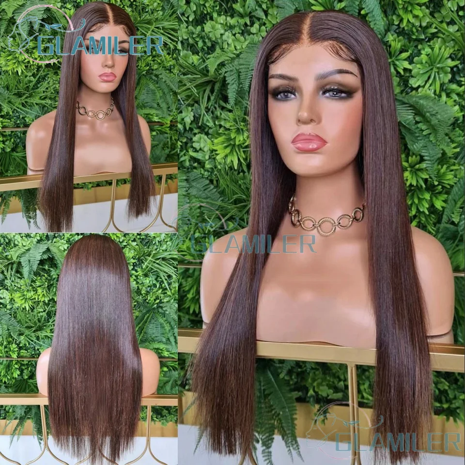 #2 Dark Brown Lace Front Silk Top Human Hair Wigs Pre Plucked Dark Brown Bone Straight 13x4 13x6 HD Lace Frontal Wig