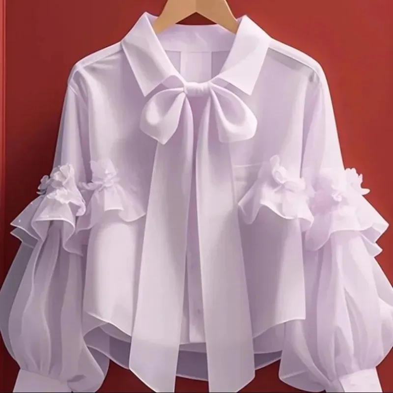 

Spring Autumn Bow Blouses Solid Ruffles Vintage Sweet Women Shirts Korean Fashion Puff Sleeve Elegant Camisas