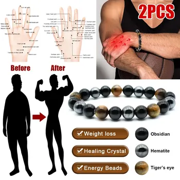 트리플 보호 팔찌, 호랑이의 눈, 검은 흑요석, 적철광 보호, 밸런스 치유 에너지 팔찌, 2PCs/세트 
