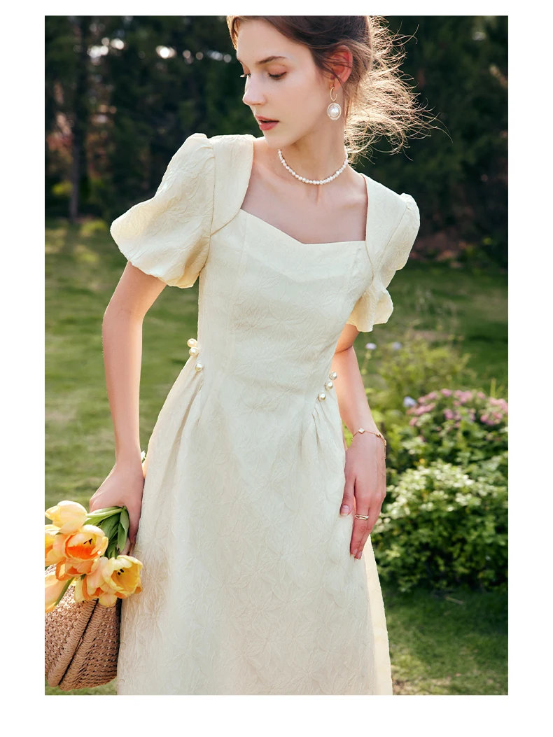 OLrain Women French Style Dress 2025 Spring Summer Jacquared Square Collar Puff Sleeve Beading A-line Elegant Dress O22XL61920