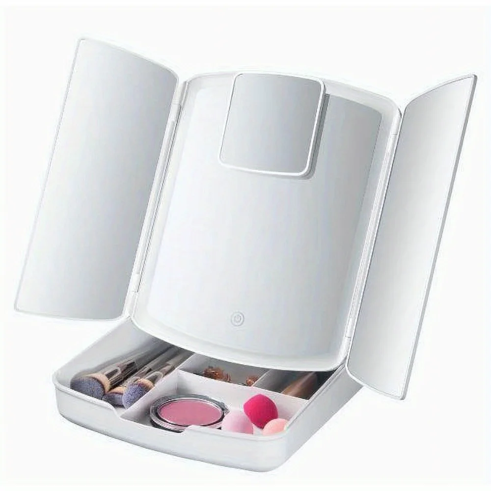 Składane dwustronne lustro kosmetyczne z podświetleniem i powiększeniem 10x. Składane lustro