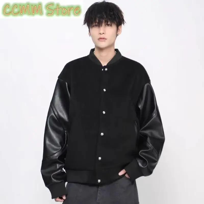 

Vintage Patchwork PU Leather Jackets Mens Streetwear Hip Hop Varsity Baseball Coats High Street Loose Casual Fashion Jacket Male