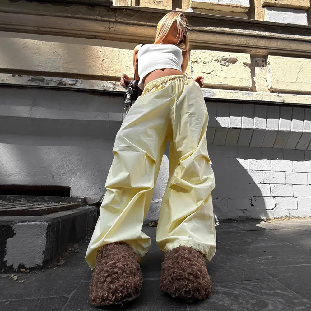 

Blifanbo желтые широкие брюки для женщин, осенние длинные брюки на шнурке, свободные модные плиссированные эластичные длинные брюки для отдыха в стиле пэчворк