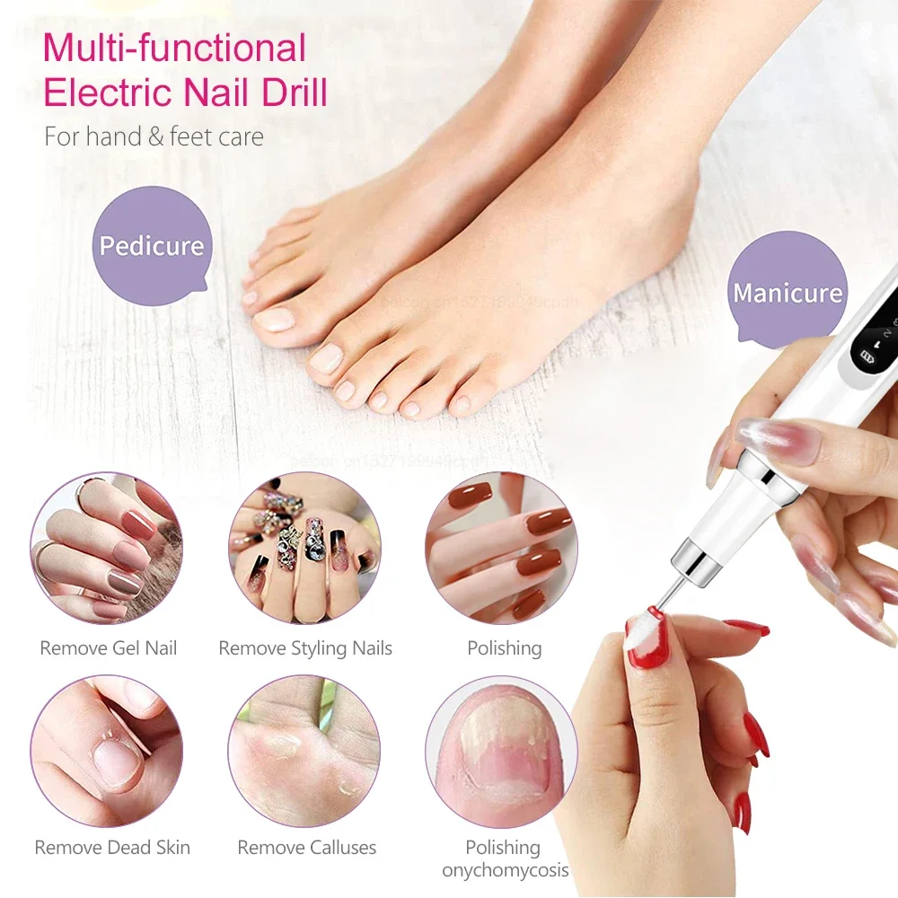 

Professional Electric Nail File and Drill Manicure Machine Rechargeable 3 Speeds 2 Way Rotation 6 Grinding Heads Low Noise