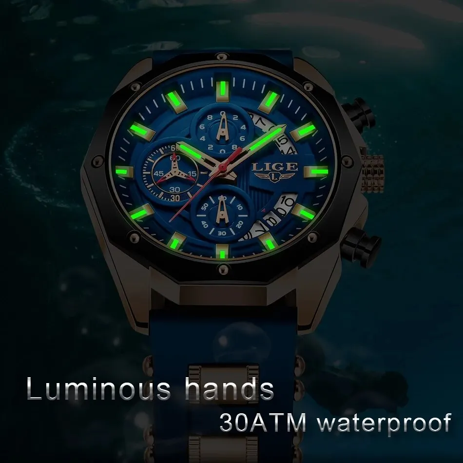 LIGE Fashion Men Watches Top Brand Luxury Silicone Sport Watch Men Quartz Date Clock Waterproof Wristwatch Chronograph Clock Man