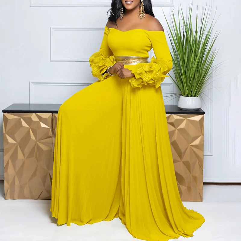

Solid Elegant Off The Shoulder Jumpsuits Woman Pleated Wide Leg Pants Ruffles Sleeve Loose Fit One Piece Romper Overalls Sashes