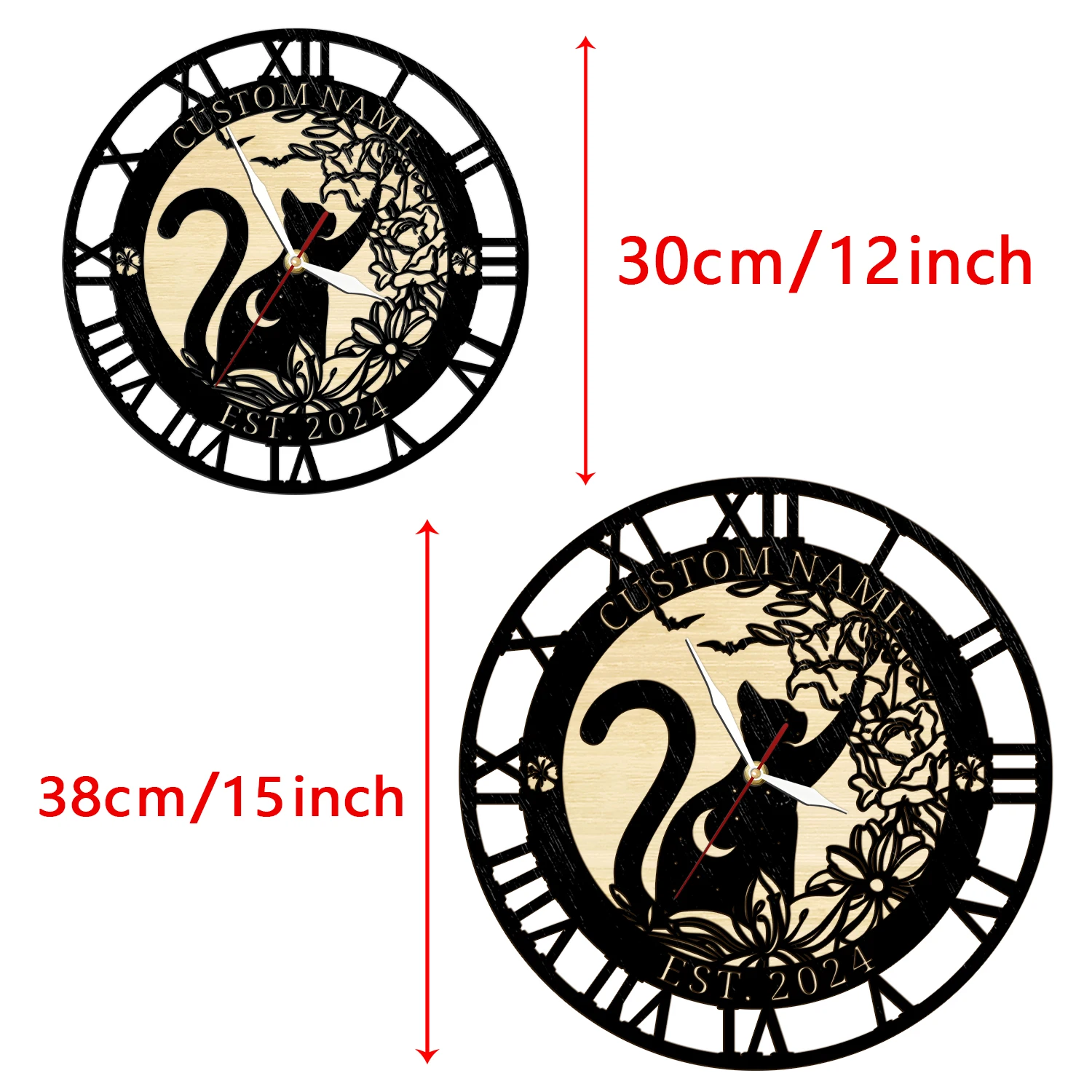 Custom Cat with Crescent Moon Natural Wooden Wall Clock for Kids Nursery Room Personalized Laser Engraved Cat Name Timber Clock