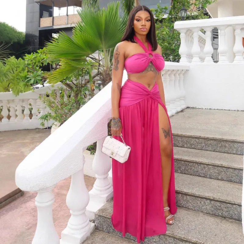 Women's African 2 Piece Set Pink Halter Ruched Crop Top + High Waist Split Maxi Skirt Outfits Summer Beach Vacation Party Wear
