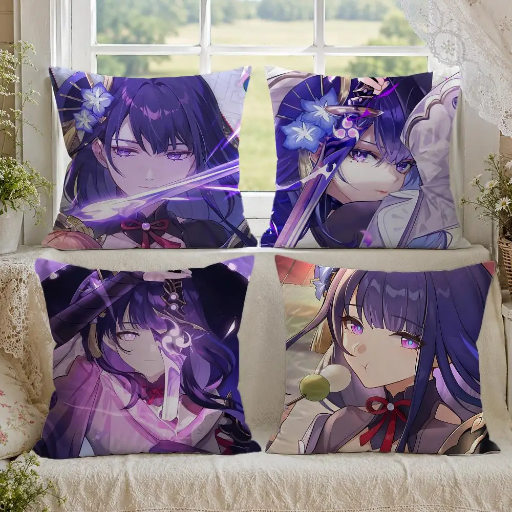 Raiden Shogun Genshin Impact Cushion Cover 1/4PCS Linen Sofa Couch Bedroom Living Room Home Office Decor Pillow Case
