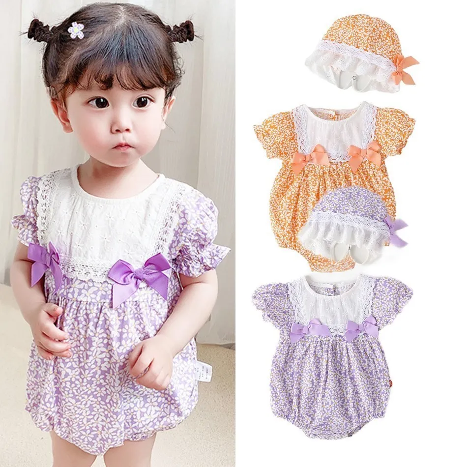 

Girls Cotton Floral Jumpsuit One Piece Clothes Little Child Craw Freely Bow Tie Lace Elegant Baby Infants Romper For Kids