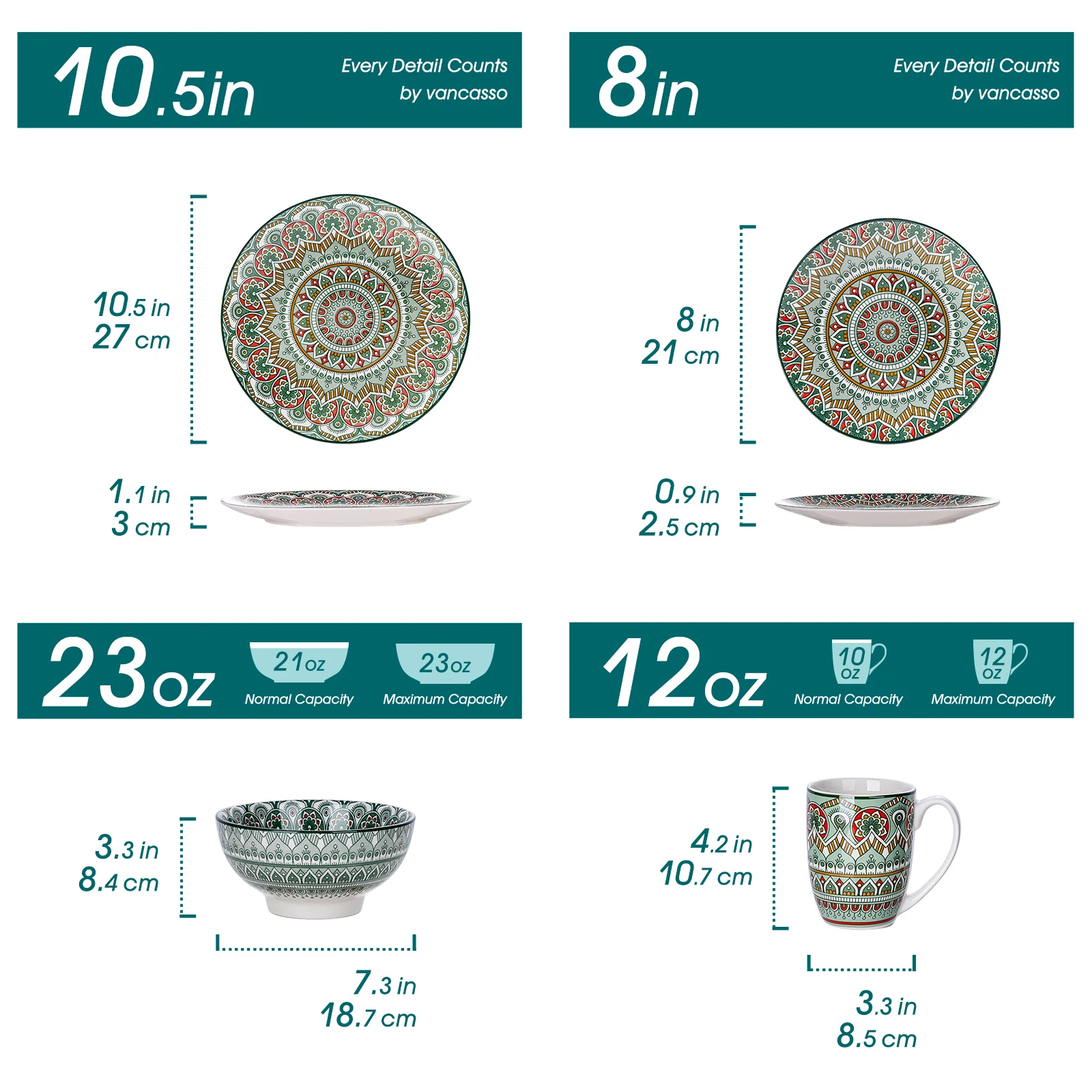 vancasso 16/32/48-PCS Ceremic Plate Porcelain Dinnerware Set Bohemian Mandala Patterned with Dinner Plate,Dessert Plate,Bowl,Mug