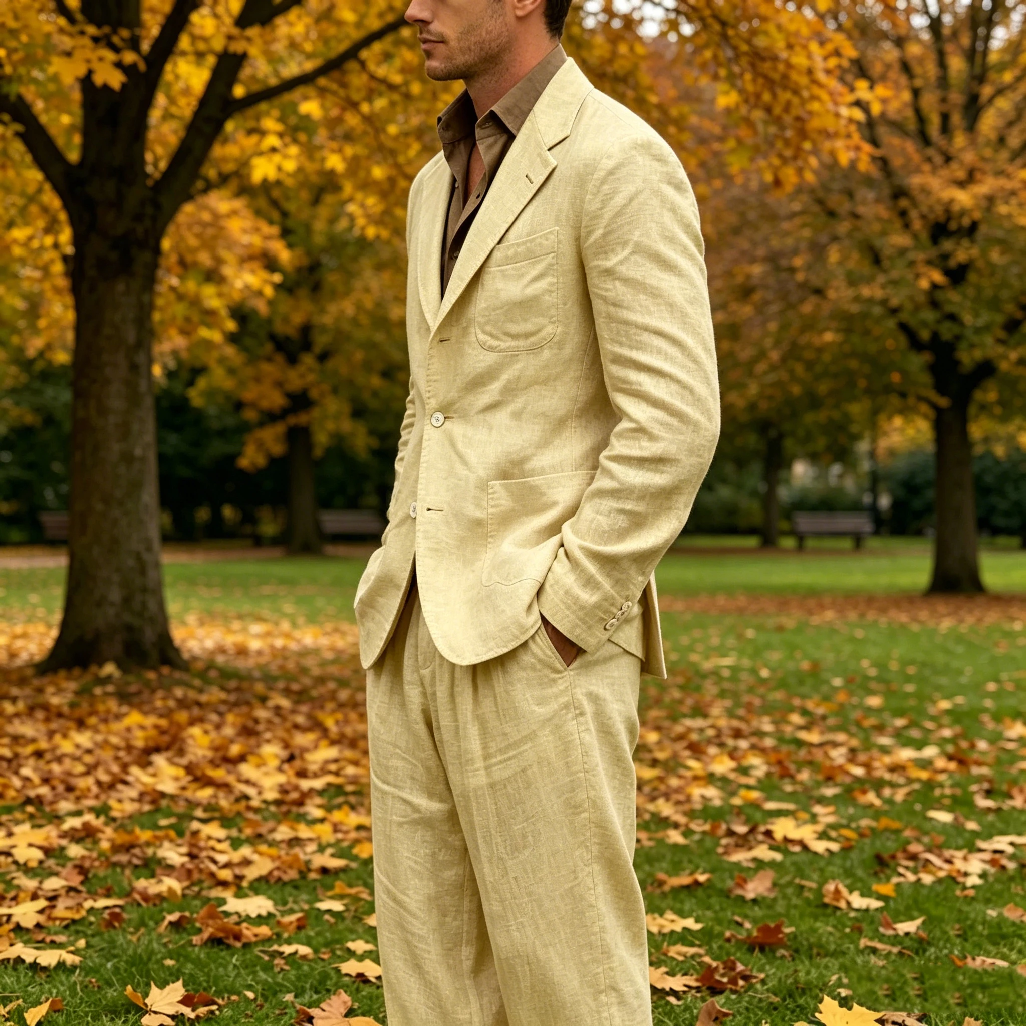 Men's Linen Suit 2 Pieces Set Casual Blazer & Wide Leg Pants Notch Lapel Breathable Wedding Business Party Jacket Tuxedo Summer
