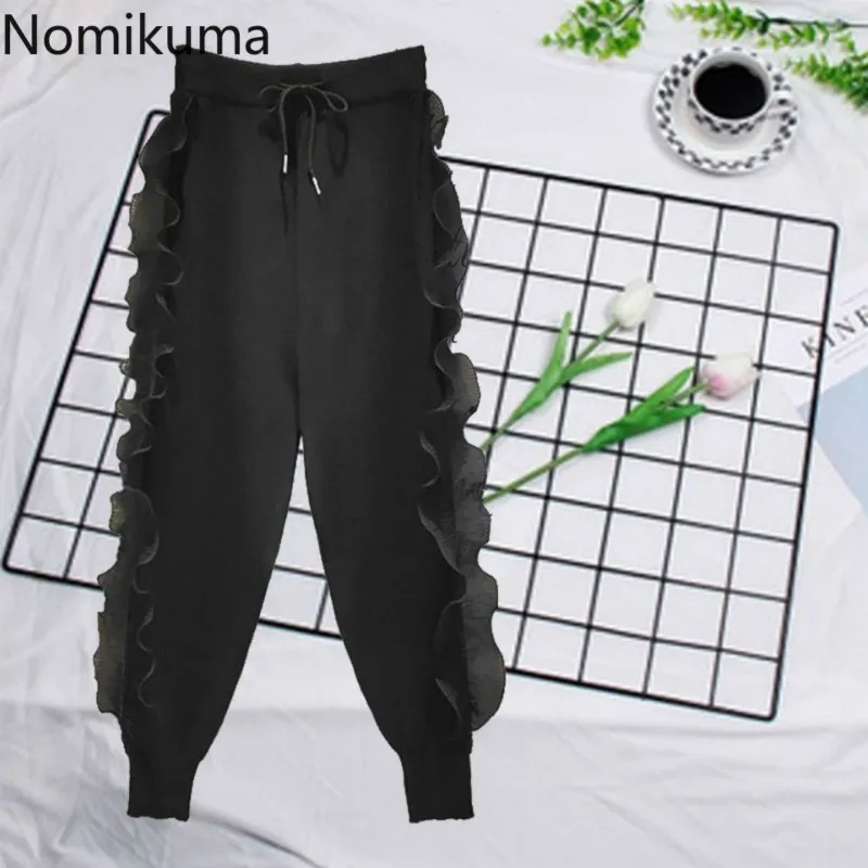 Nomikuma 2023 Spring Autumn Knitted Harem Pants Korean Ruffle Patch Long Trousers Causal Lace Up High Waist Sweater Pant Mujer