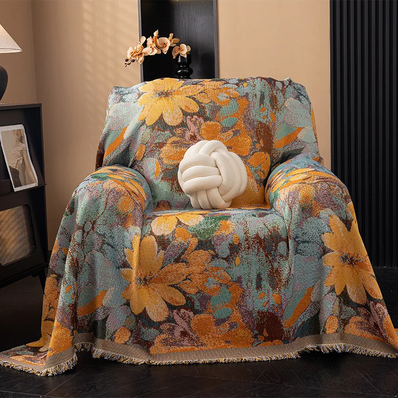 Retro Single Sofa Cover for Living Room High End All-Cover Sofa Towel for All-Season Flower Printed Multifunctional Knee Blanket