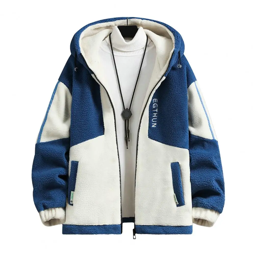 Men Polar Fleece Jacket Jacket Colorblock Hooded Men's Jacket with Plush Warmth Cold-resistant Design Featuring Zipper for Fall