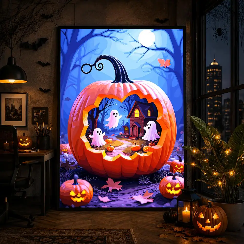 Halloween Pumpkin Ghost HD Wall Art Poster Jack O Lantern Black Cat Witch Haunted House Spooky Night Home Decor Gift