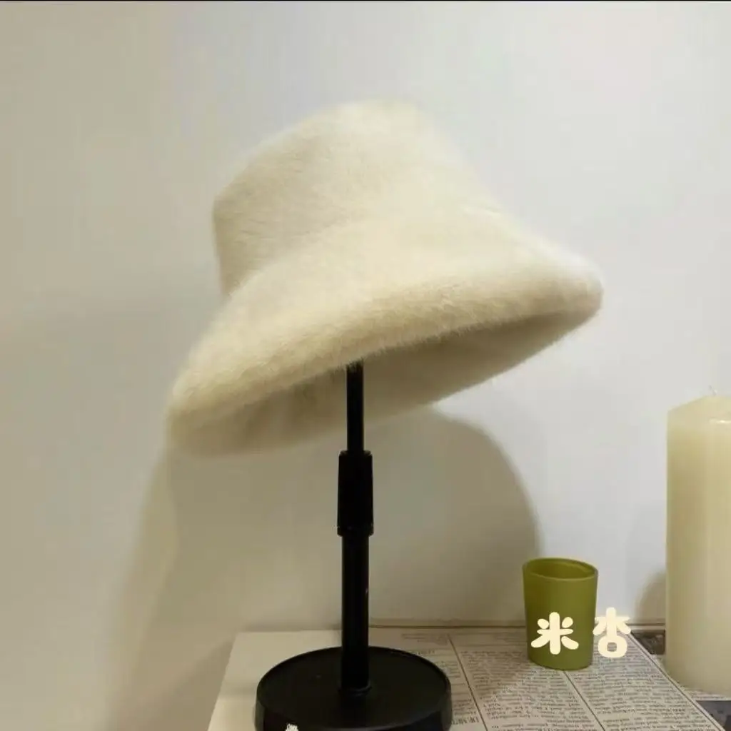 

Winter Plush Fisherman's Hat Imitation Fur Sable Hair Hat Women's Solid Color Thickened Simple Warm Pot Hat Gorros 4m693
