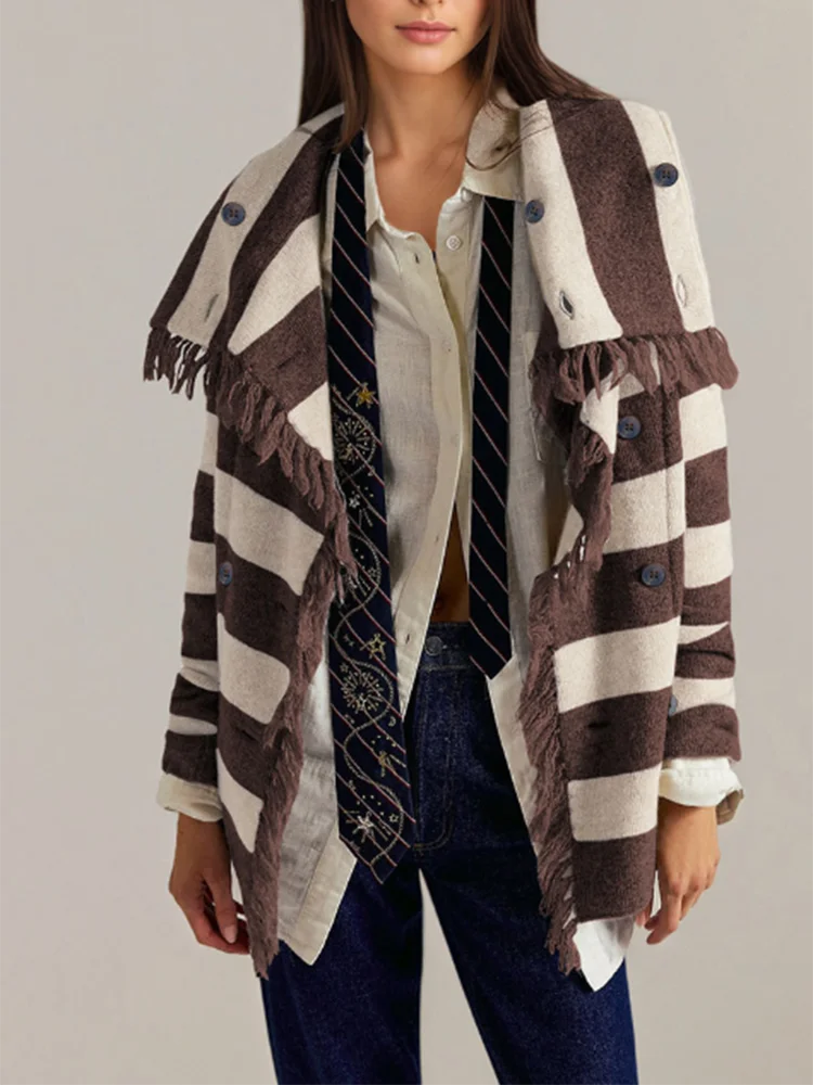Fashion Color Blocked Double Breasted Jacket Temperament Tassel Splicing Office Cardigan Casual High Neck Knit Long Sleeved Coat