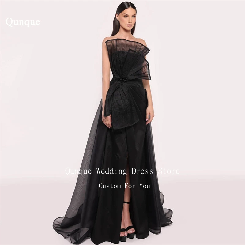 

Qunque Modern Black Evening Dresses With Bow High Slit Wedding Party Dress Floor Length Beadings Vestidos De Fiesta Customized
