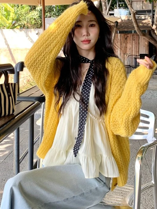 

Sweet Sle Thin Hollow out Knitted Open Cardigan Women's Spring Autumn Loose Faion Outerwear V-Ne Long Sve Polyester ...