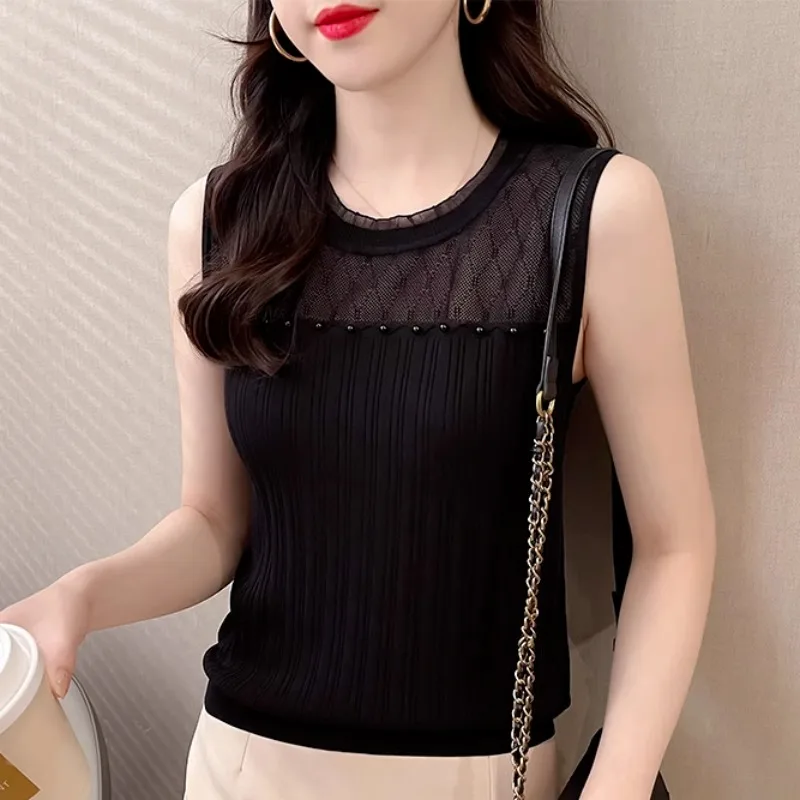 Ice Silk Suspender Vest Women Summer New Daily Simple Commuting Lace Knitted Bottoming Shirt Sleeveless Top Knitted Tank