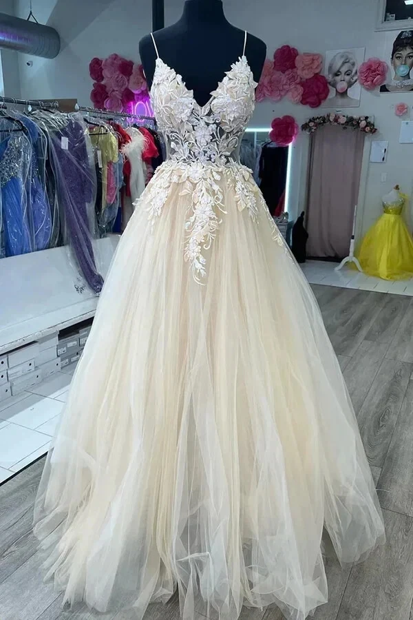 Customized Elegant A Line Women Evening Dresses Spaghetti Straps Appliques Tulle Prom Birthday Party Gowns Formal Occasion